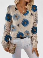 Women's Floral Button Cardigan – V-Neck Flower Pattern Knit Cardigan