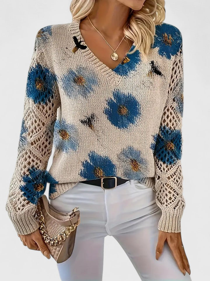 Women's Floral Button Cardigan – V-Neck Flower Pattern Knit Cardigan