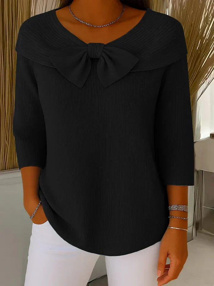 Women's Bow Detail Knit Top – Fitted Long Sleeve Dressy Top
