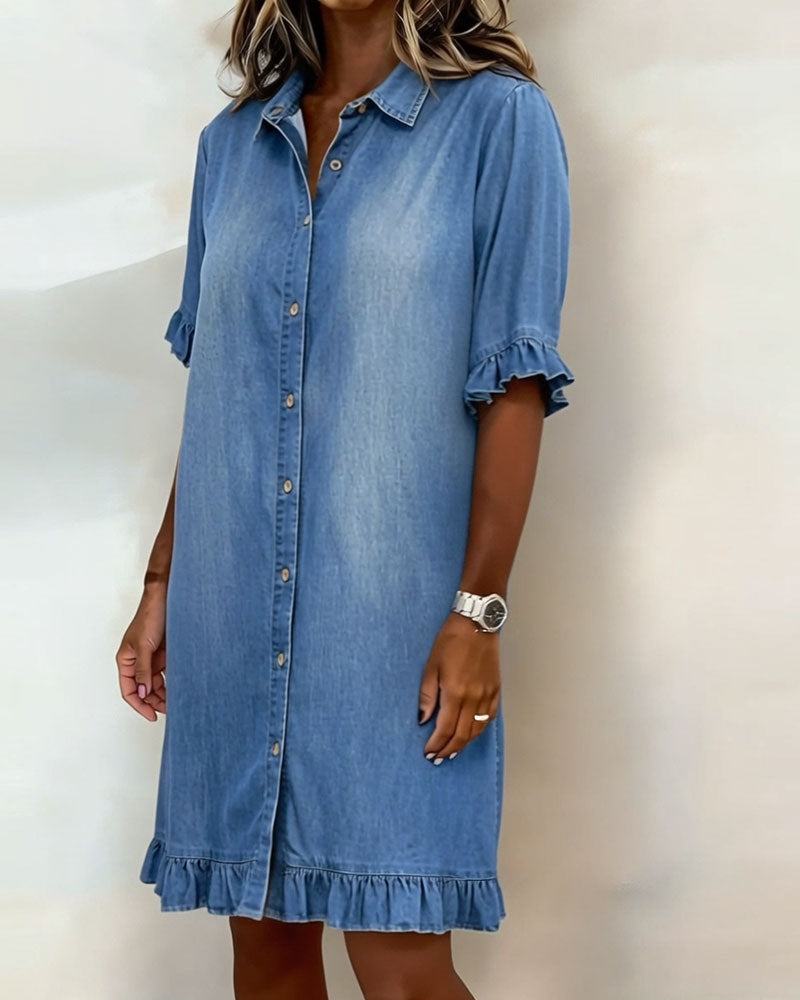 Women's Button Front Shirt Dress – Knee-Length Flounce Sleeve Dress
