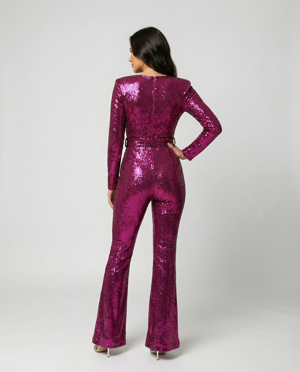 Women's Sequin Jumpsuit – Fitted Long Sleeve Cocktail Party Jumpsuit