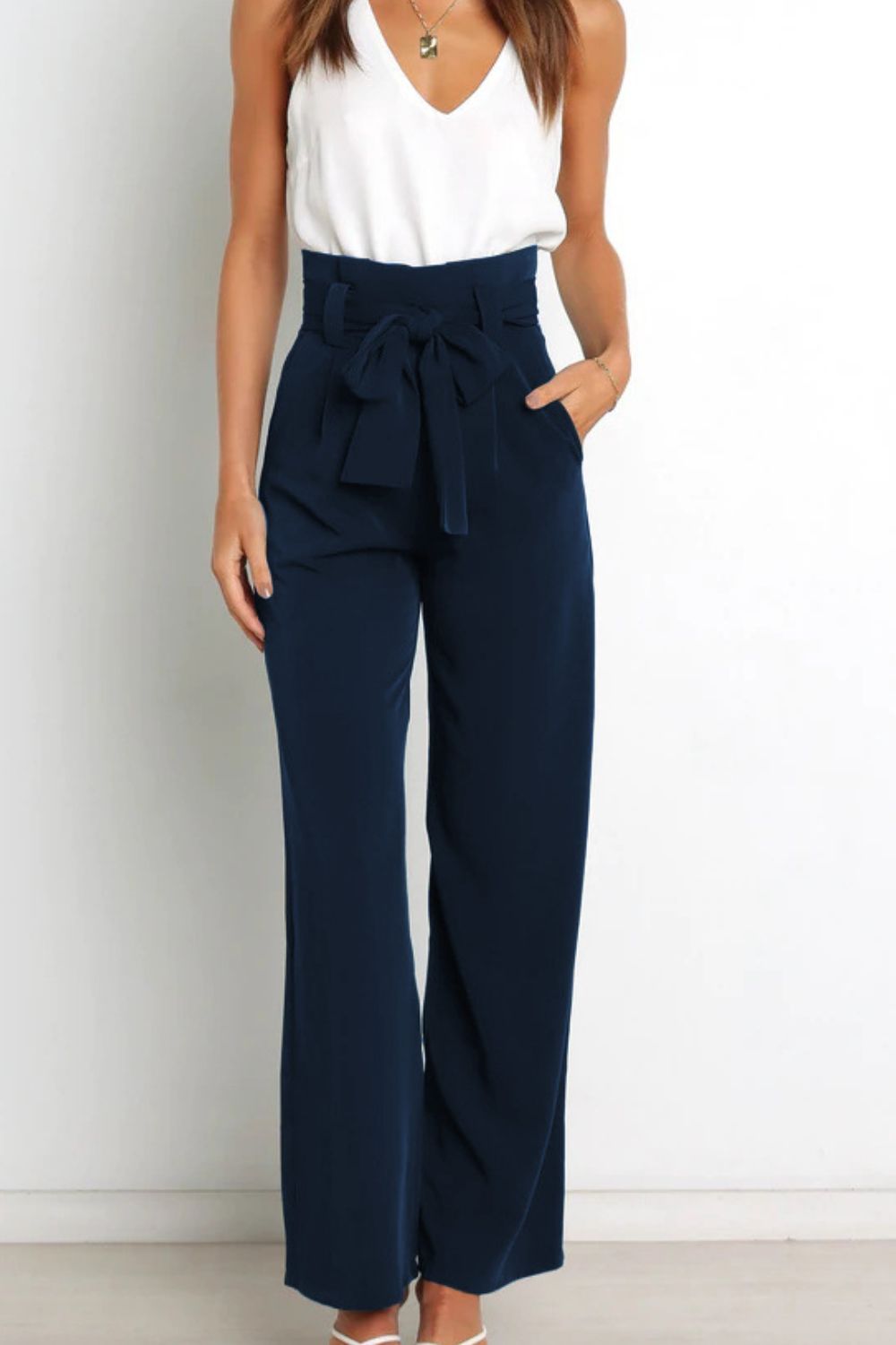 Women's Paperbag Waist Trousers – High Waist Bow Detail Wide Leg Pants