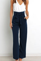 Women's Paperbag Waist Trousers – High Waist Bow Detail Wide Leg Pants