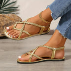 Women's Flat Sandals with Cutout Design and Buckle Closure