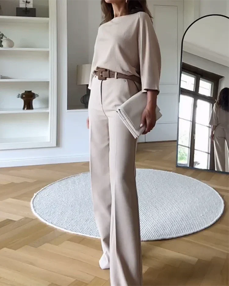 Women's Dressy Pants Set – Relaxed Top & Tailored Wide Leg Pants Set