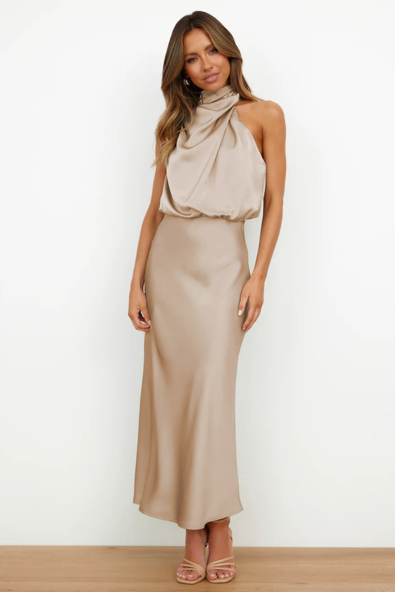 Women's Asymmetrical Neck Midi Dress – Fitted Formal Occasion Dress