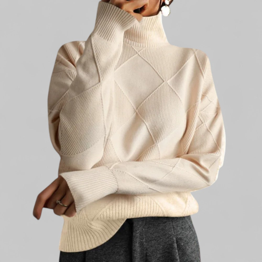 Women's Geometric Roll Neck Sweater – Relaxed Fit Winter Sweater