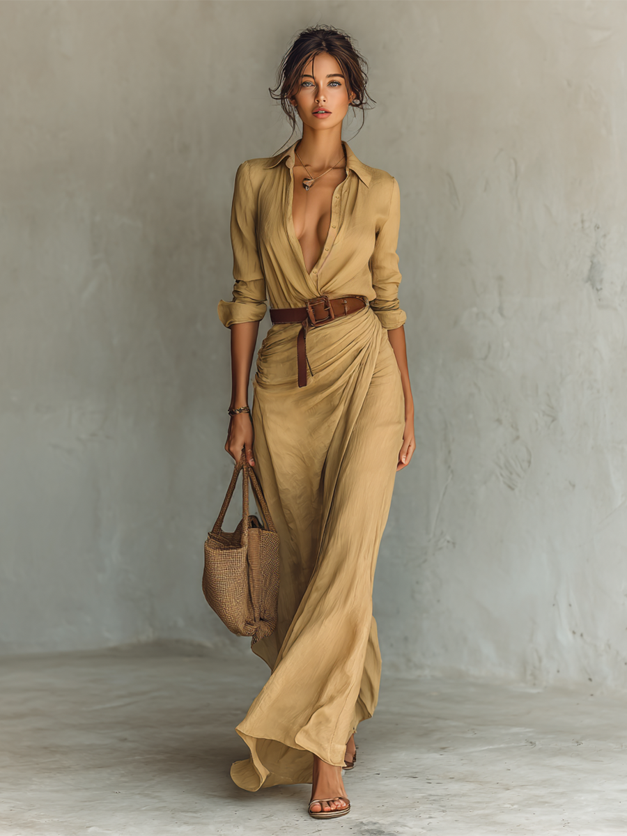 Women's Wrap Maxi Dress – Deep V-Neck Evening Dress