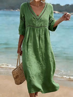 Women's V-Neck Midi Dress – Short Sleeve Pocket Summer Dress