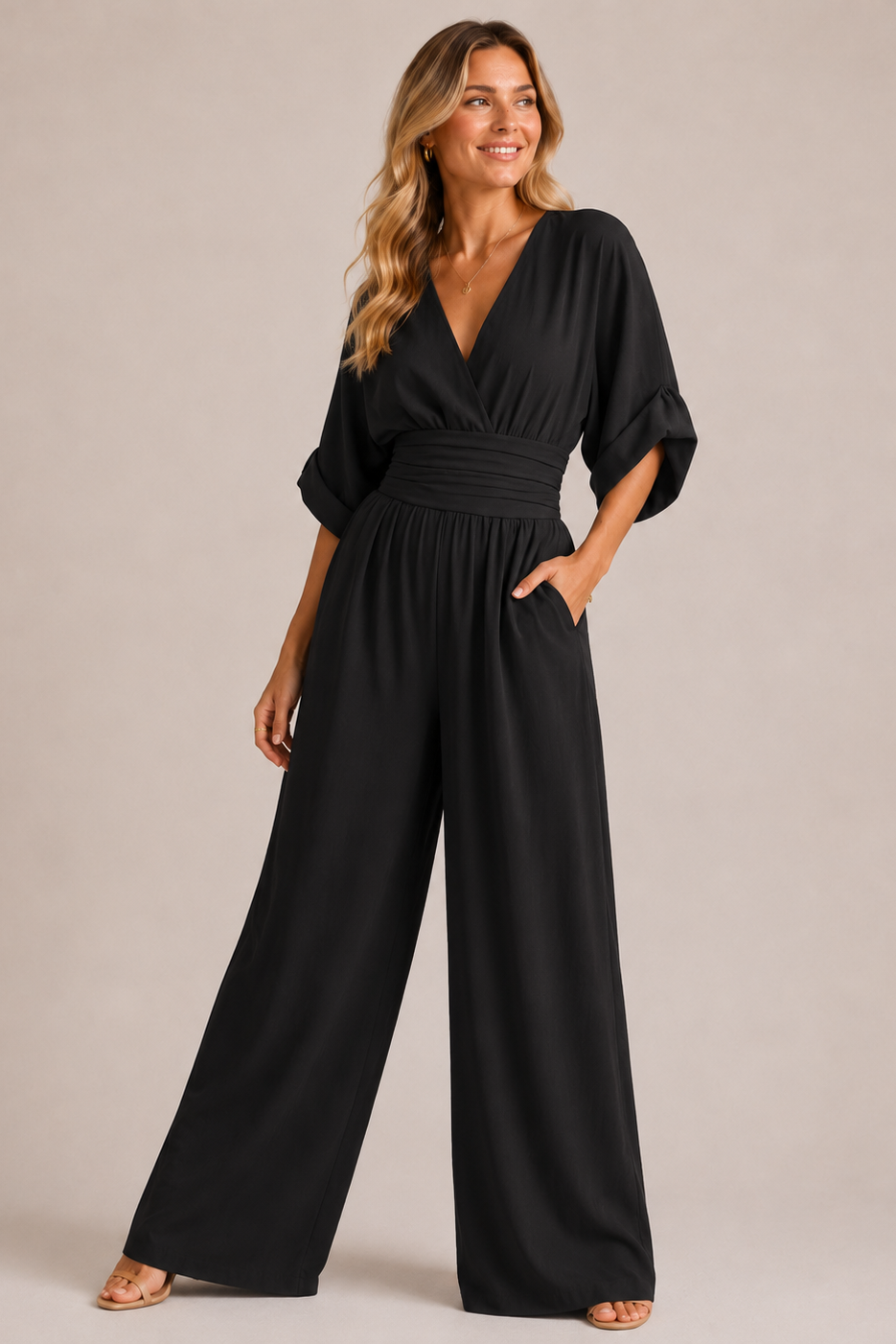 Women's Three-Quarter Sleeve Jumpsuit – Wide Leg Pantsuit