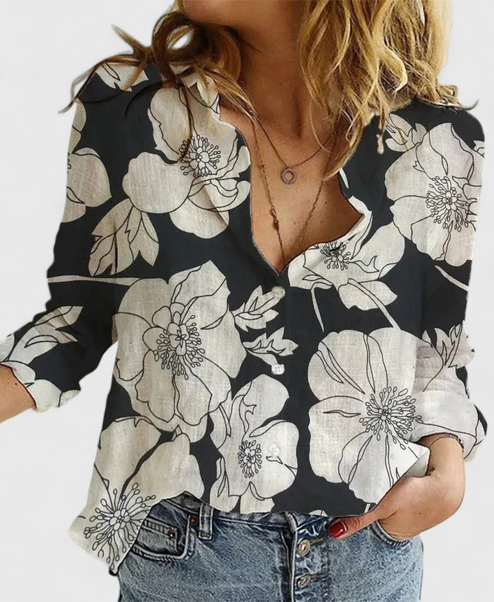 Women's Button Blouse with Henley Neckline and Tab Sleeves
