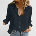 Women's Button Blouse with Henley Neckline and Tab Sleeves
