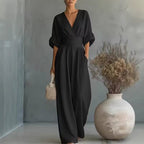 Women's V-Neck Wide Leg Jumpsuit – High Waist Pocket Evening Jumpsuit