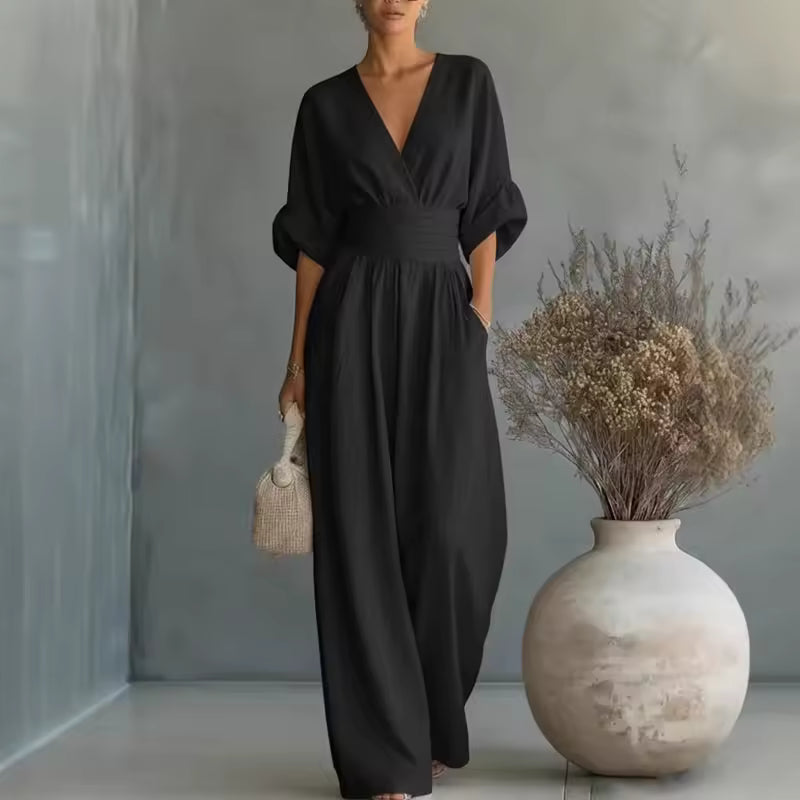 Women's V-Neck Wide Leg Jumpsuit – High Waist Pocket Evening Jumpsuit