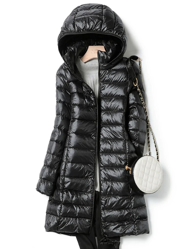 Women's Lightweight Puffer Coat – Removable Hood Longline Jacket