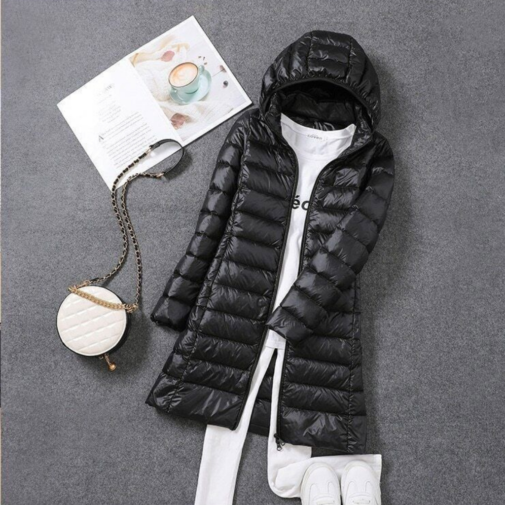 Women's Lightweight Puffer Coat – Removable Hood Longline Jacket