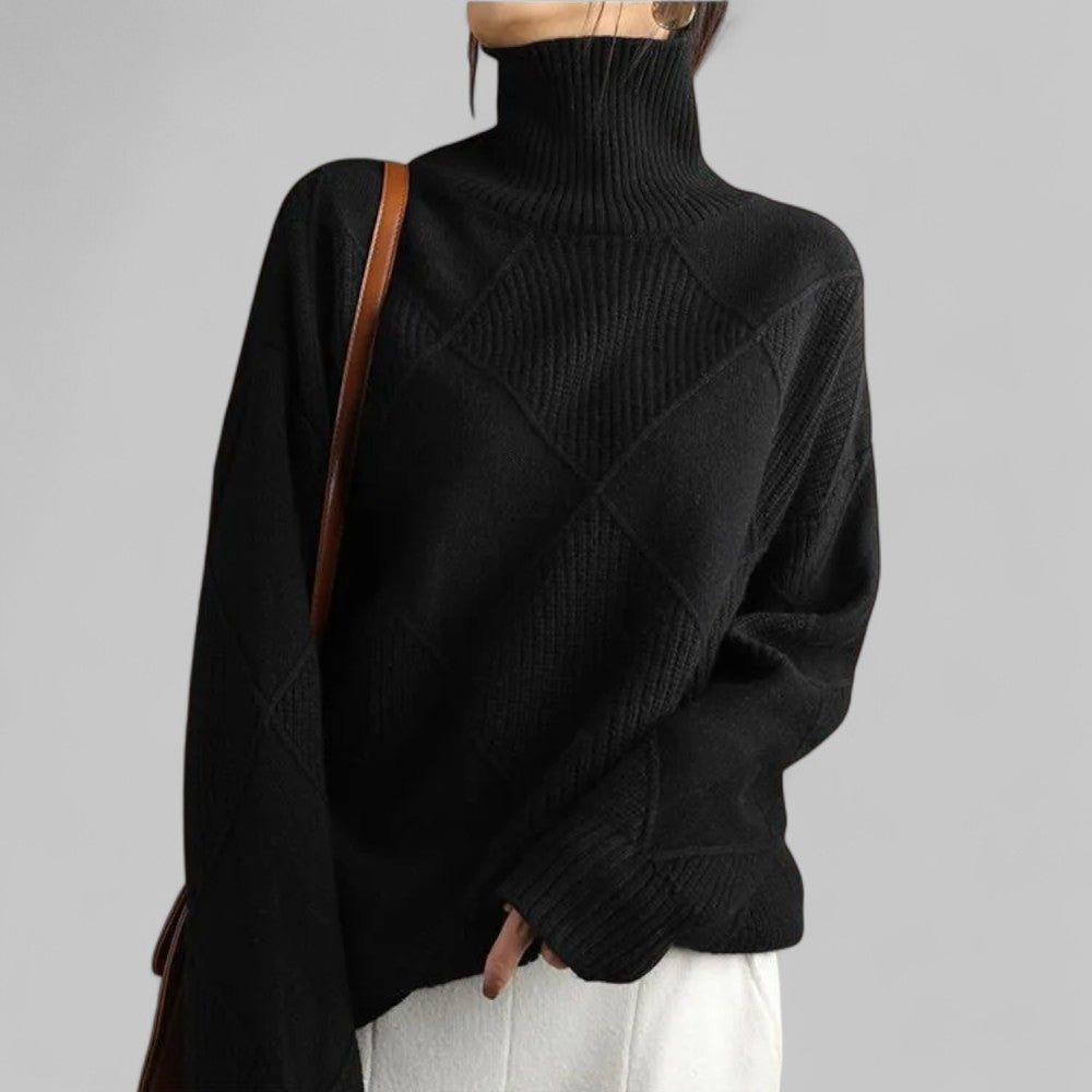 Women's Geometric Roll Neck Sweater – Relaxed Fit Winter Sweater