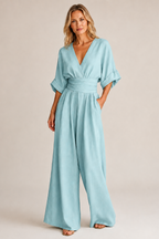 Women's Three-Quarter Sleeve Jumpsuit – Wide Leg Pantsuit