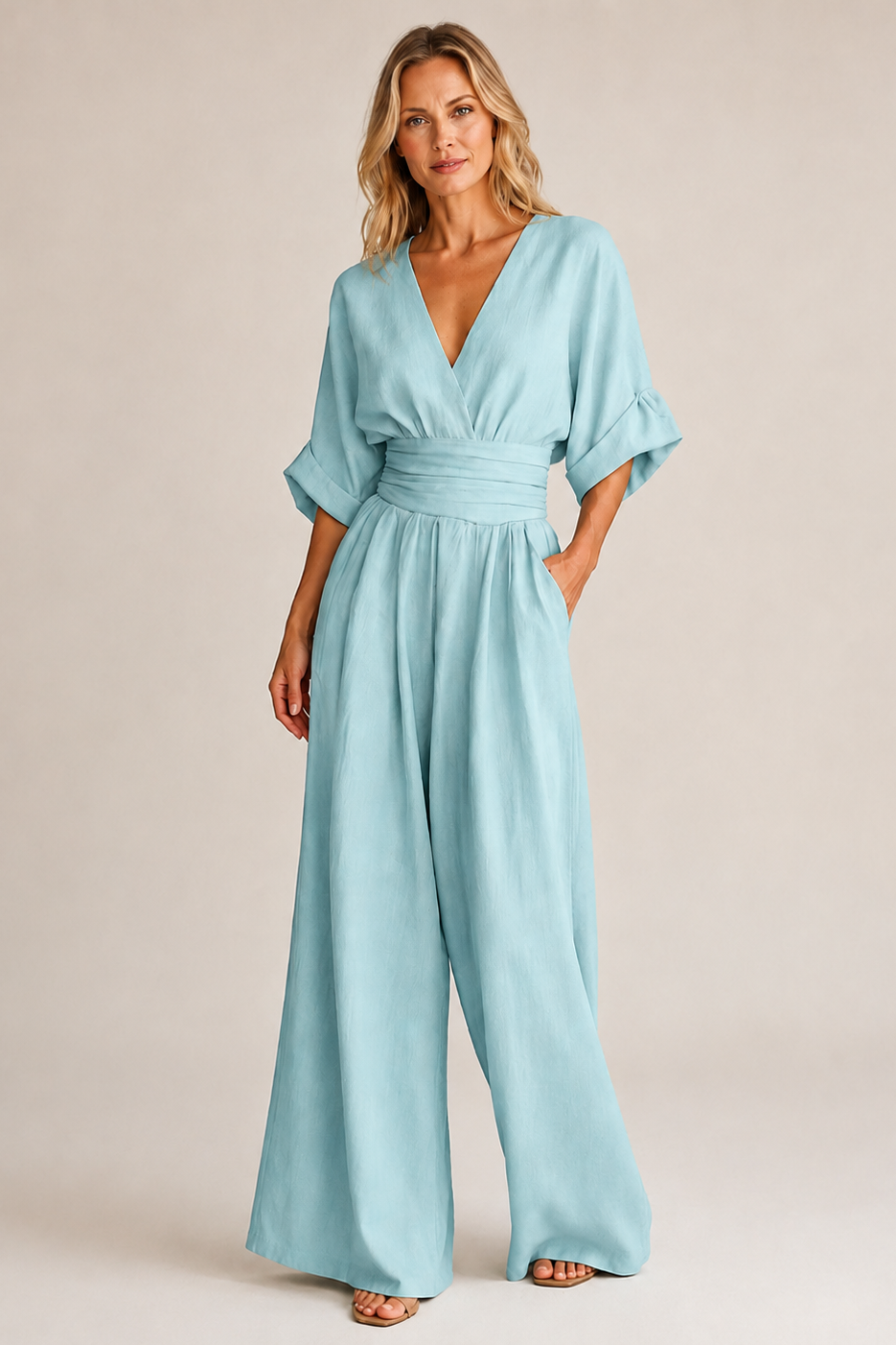 Women's Three-Quarter Sleeve Jumpsuit – Wide Leg Pantsuit