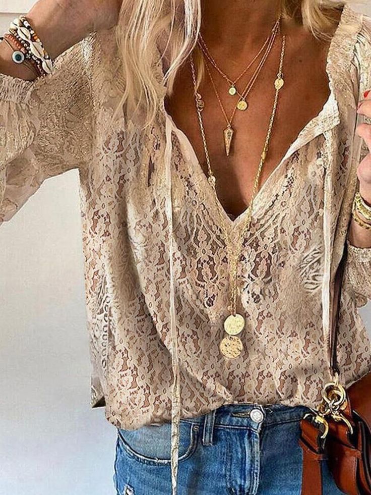 Women's Boho Blouse with Embroidered Details and Split Neckline