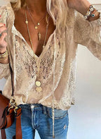 Women's Boho Blouse with Embroidered Details and Split Neckline