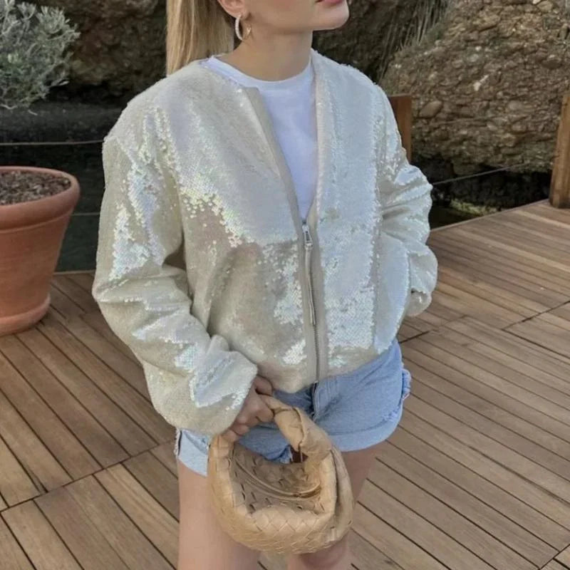 Women's Sequin Bomber Jacket – Sparkle Zip-Up Statement Jacket