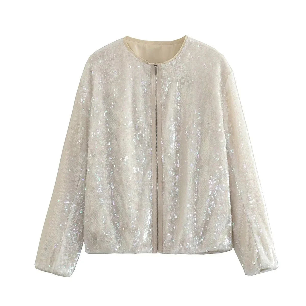 Women's Sequin Bomber Jacket – Sparkle Zip-Up Statement Jacket