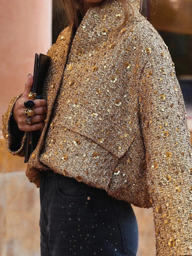 Women's Gold Sequin Bomber Jacket – Sparkle Zip-Up Party Jacket