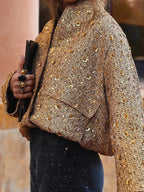 Women's Gold Sequin Bomber Jacket – Sparkle Zip-Up Party Jacket