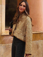 Women's Gold Sequin Bomber Jacket – Sparkle Zip-Up Party Jacket