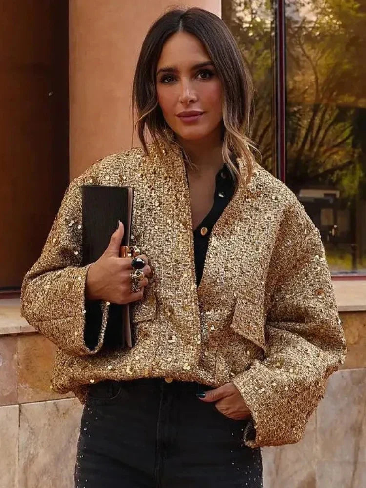 Women's Gold Sequin Bomber Jacket – Sparkle Zip-Up Party Jacket