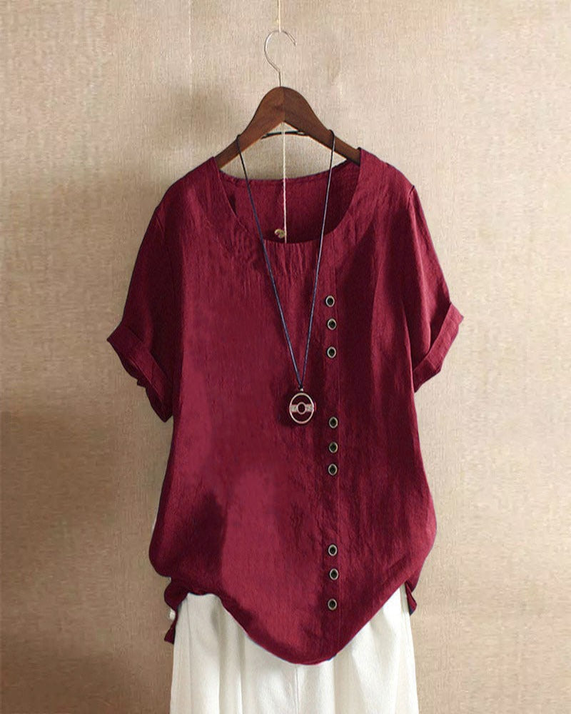 Women's Casual Blouse with Rolled Sleeves and Front Buttons