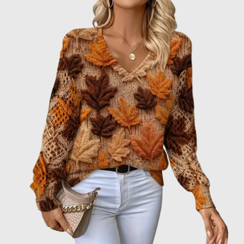 Women's Floral V-Neck Sweater – Flower Pattern Lightweight Knit Pullover