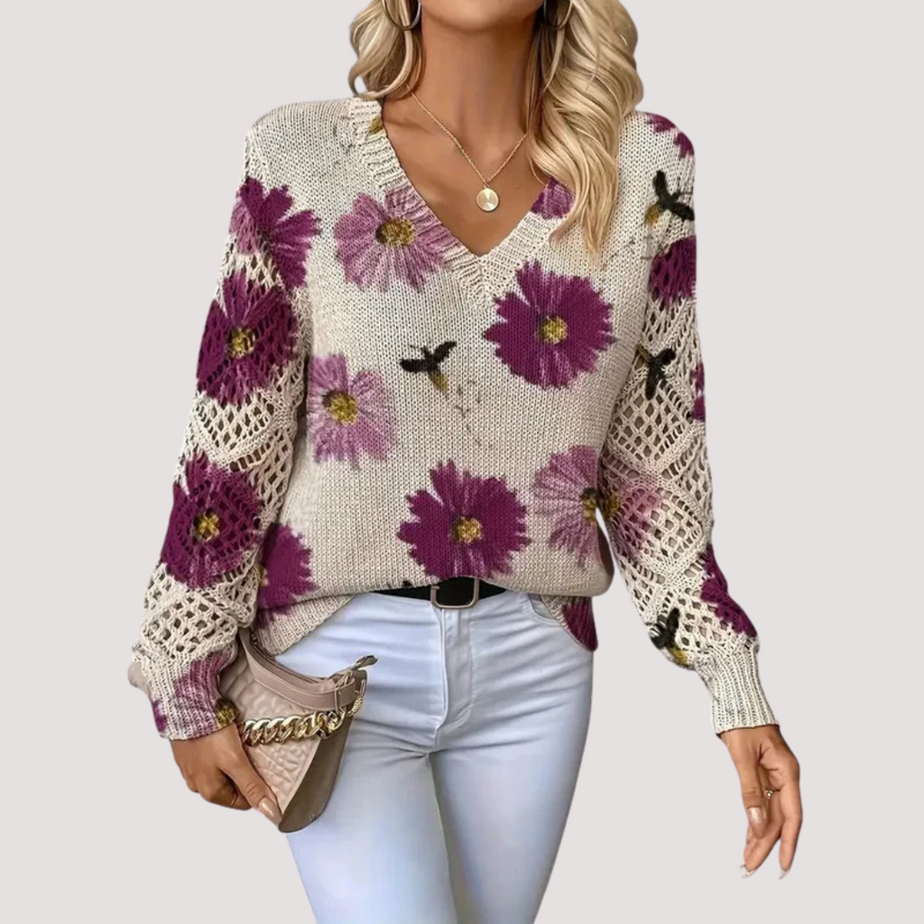 Women's Floral V-Neck Sweater – Flower Pattern Lightweight Knit Pullover