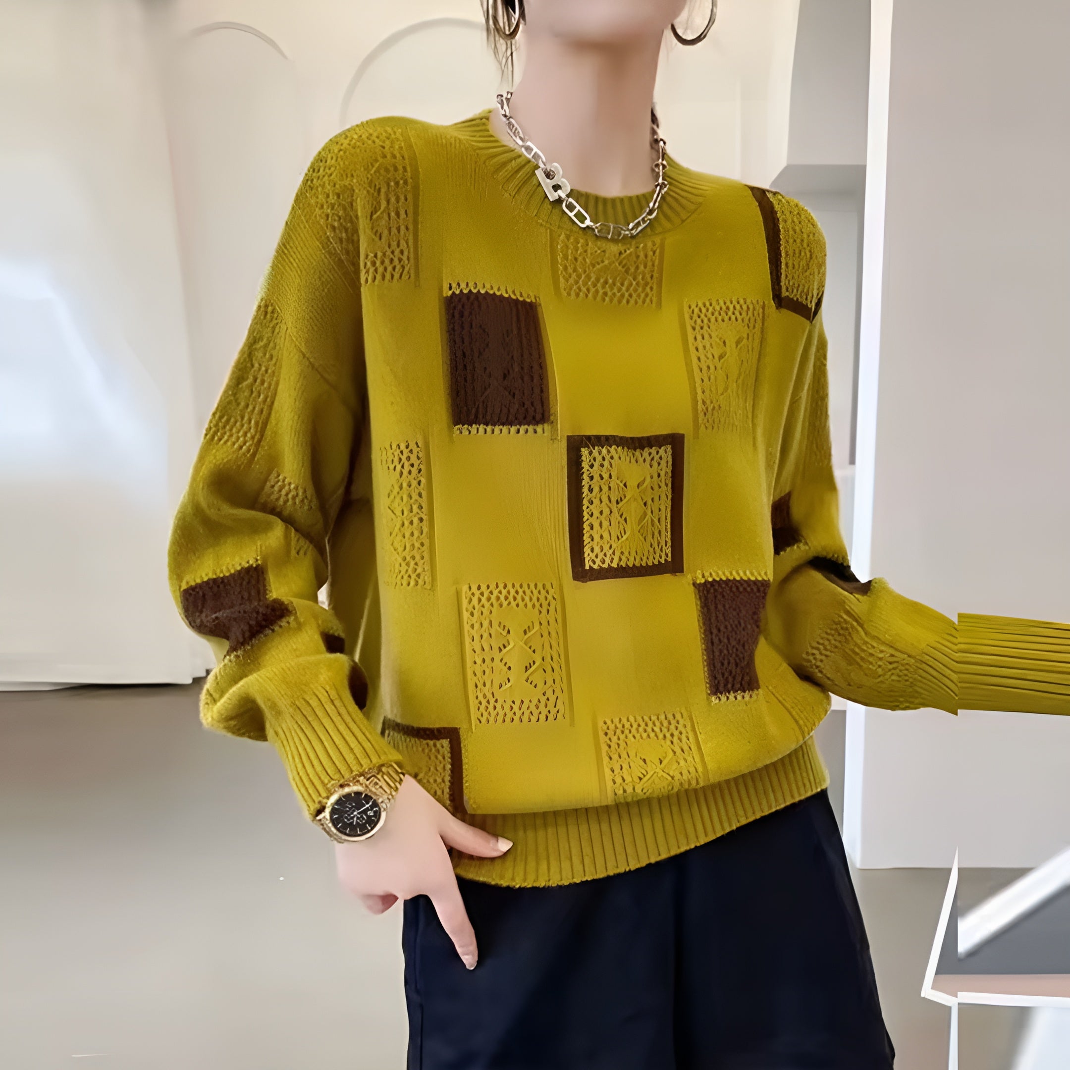 Women's Patchwork Sweater – Patterned Long Sleeve Knit Pullover
