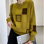 Women's Patchwork Sweater – Patterned Long Sleeve Knit Pullover