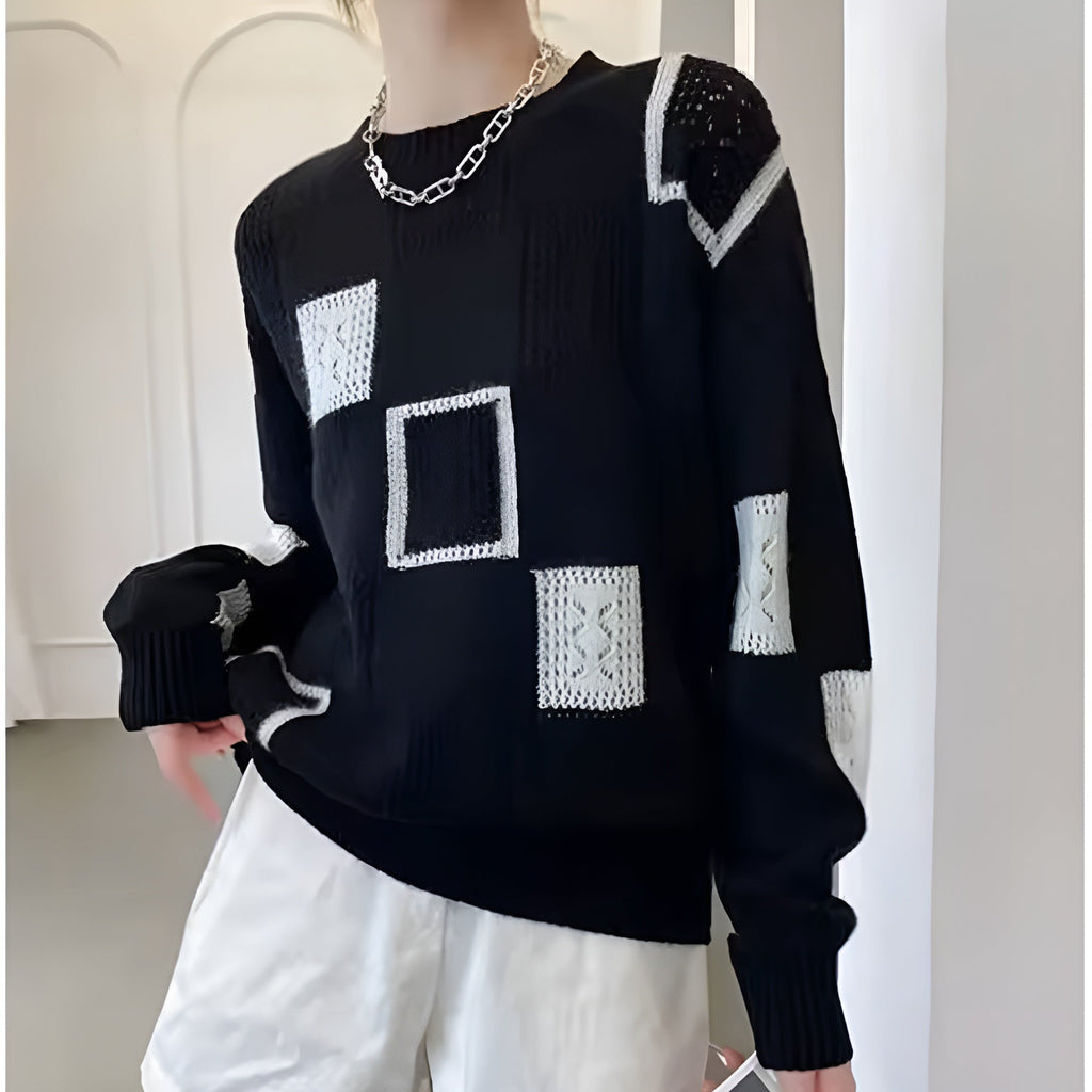Women's Patchwork Sweater – Patterned Long Sleeve Knit Pullover