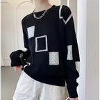 Women's Patchwork Sweater – Patterned Long Sleeve Knit Pullover