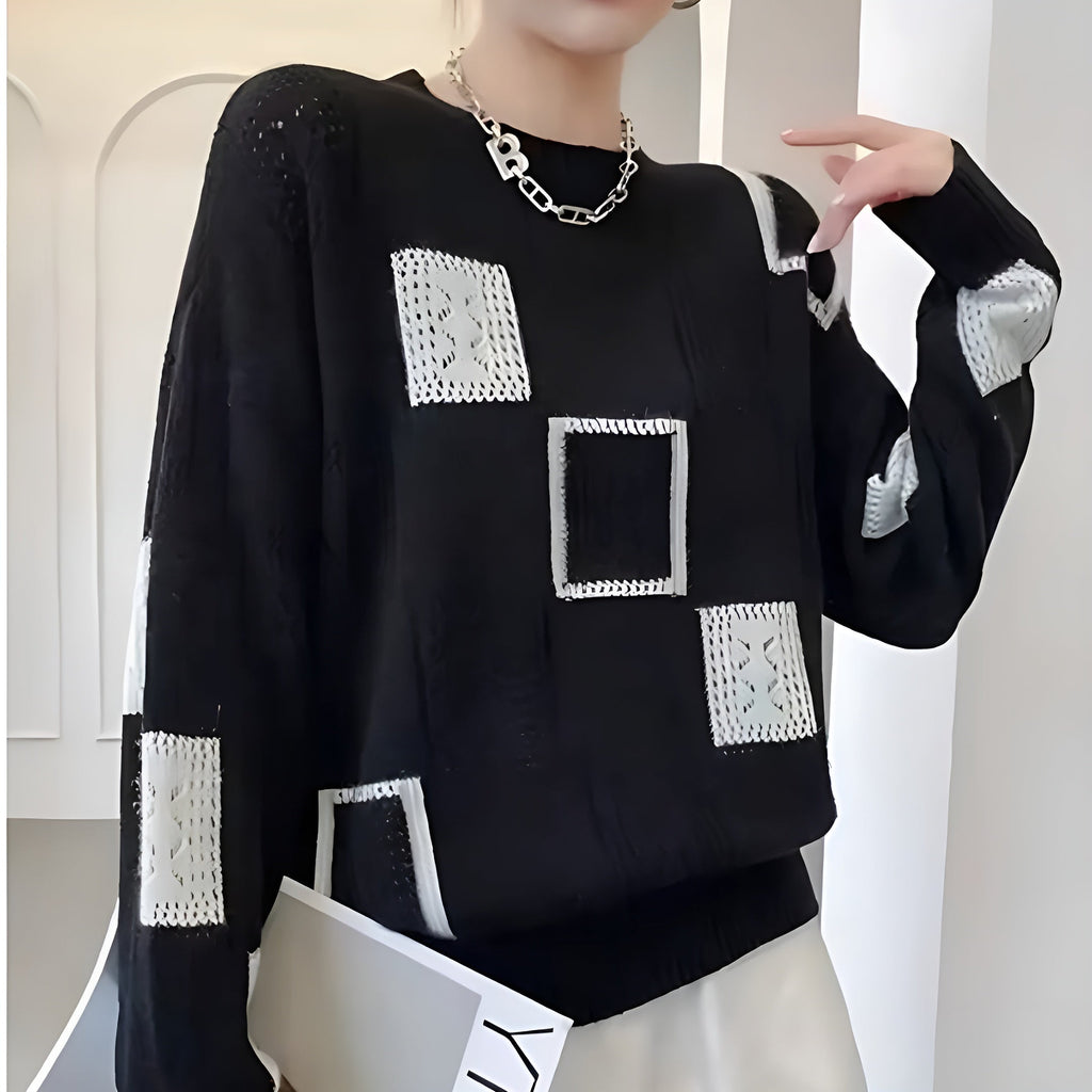 Women's Patchwork Sweater – Patterned Long Sleeve Knit Pullover