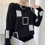 Women's Patchwork Sweater – Patterned Long Sleeve Knit Pullover