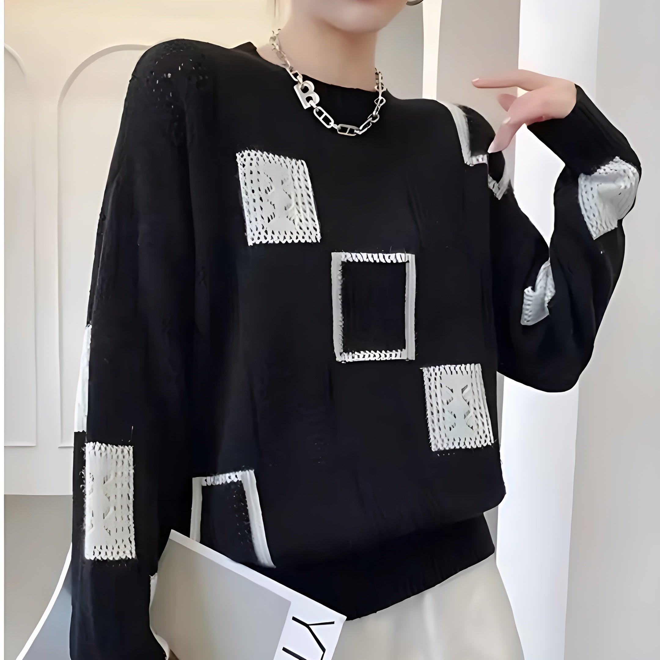 Women's Patchwork Sweater – Patterned Long Sleeve Knit Pullover