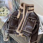 Women's Faux Leather Winter Coat – Plush Collar Moto Jacket