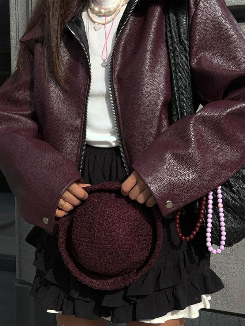 Women's Burgundy Leather Look Jacket – Zip-Up Biker Jacket