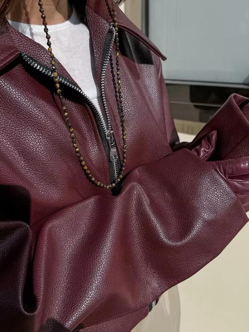 Women's Burgundy Leather Look Jacket – Zip-Up Biker Jacket