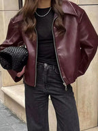 Women's Burgundy Leather Look Jacket – Zip-Up Biker Jacket
