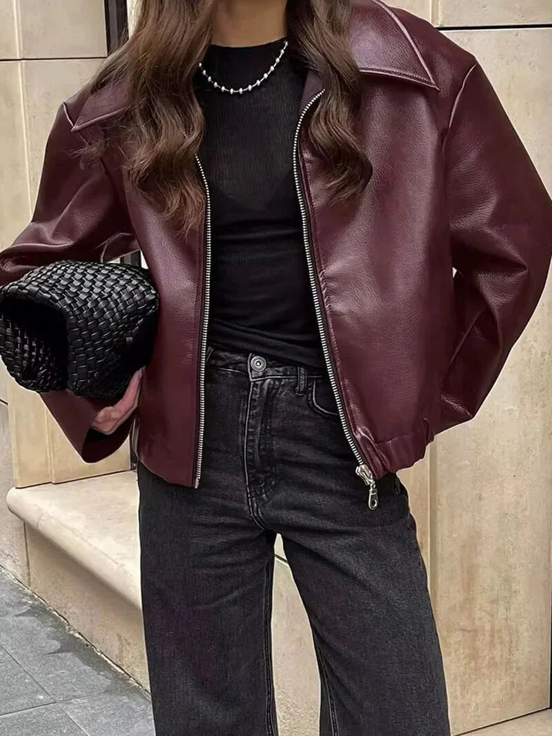 Women's Burgundy Leather Look Jacket – Zip-Up Biker Jacket