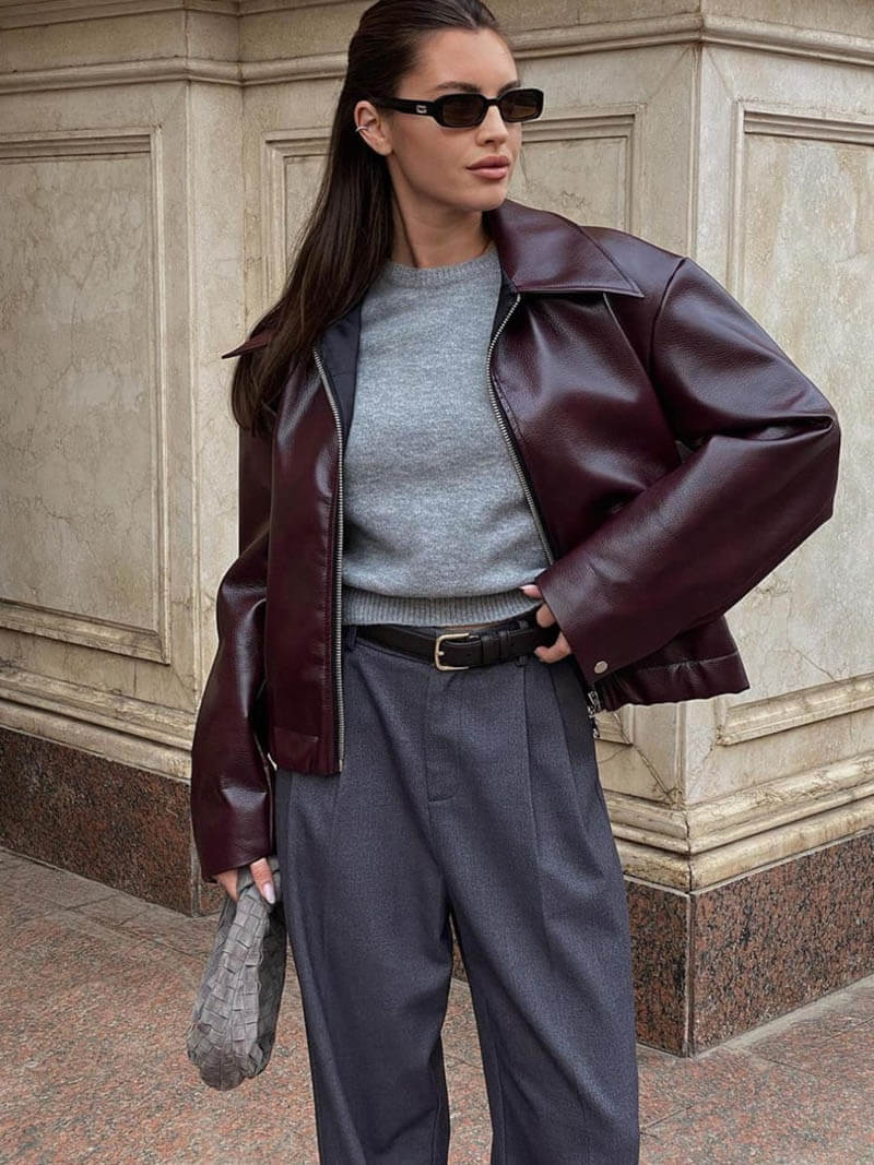 Women's Burgundy Leather Look Jacket – Zip-Up Biker Jacket
