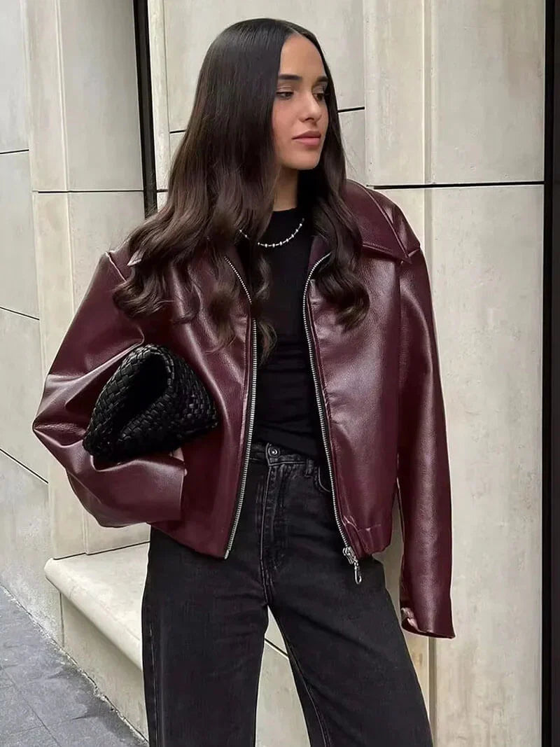 Women's Burgundy Leather Look Jacket – Zip-Up Biker Jacket