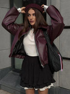 Women's Burgundy Leather Look Jacket – Zip-Up Biker Jacket