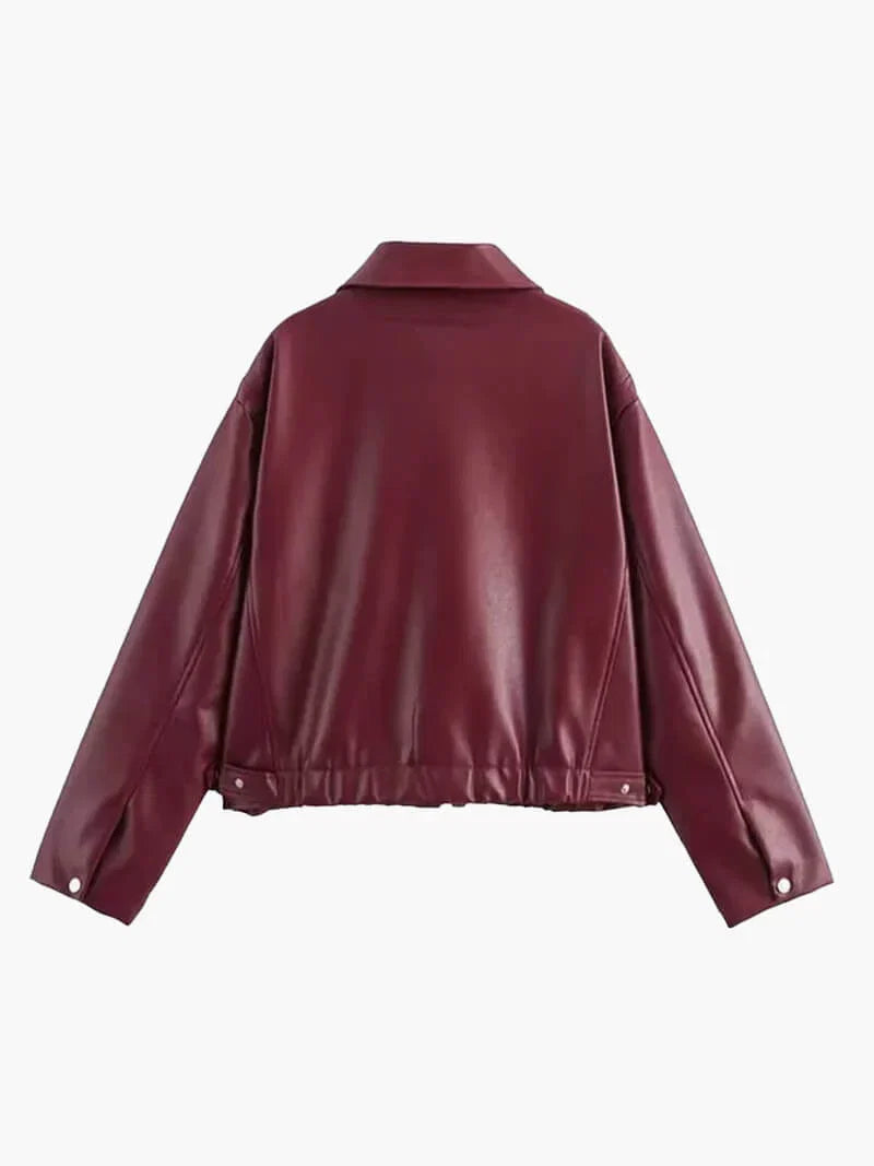 Women's Burgundy Leather Look Jacket – Zip-Up Biker Jacket